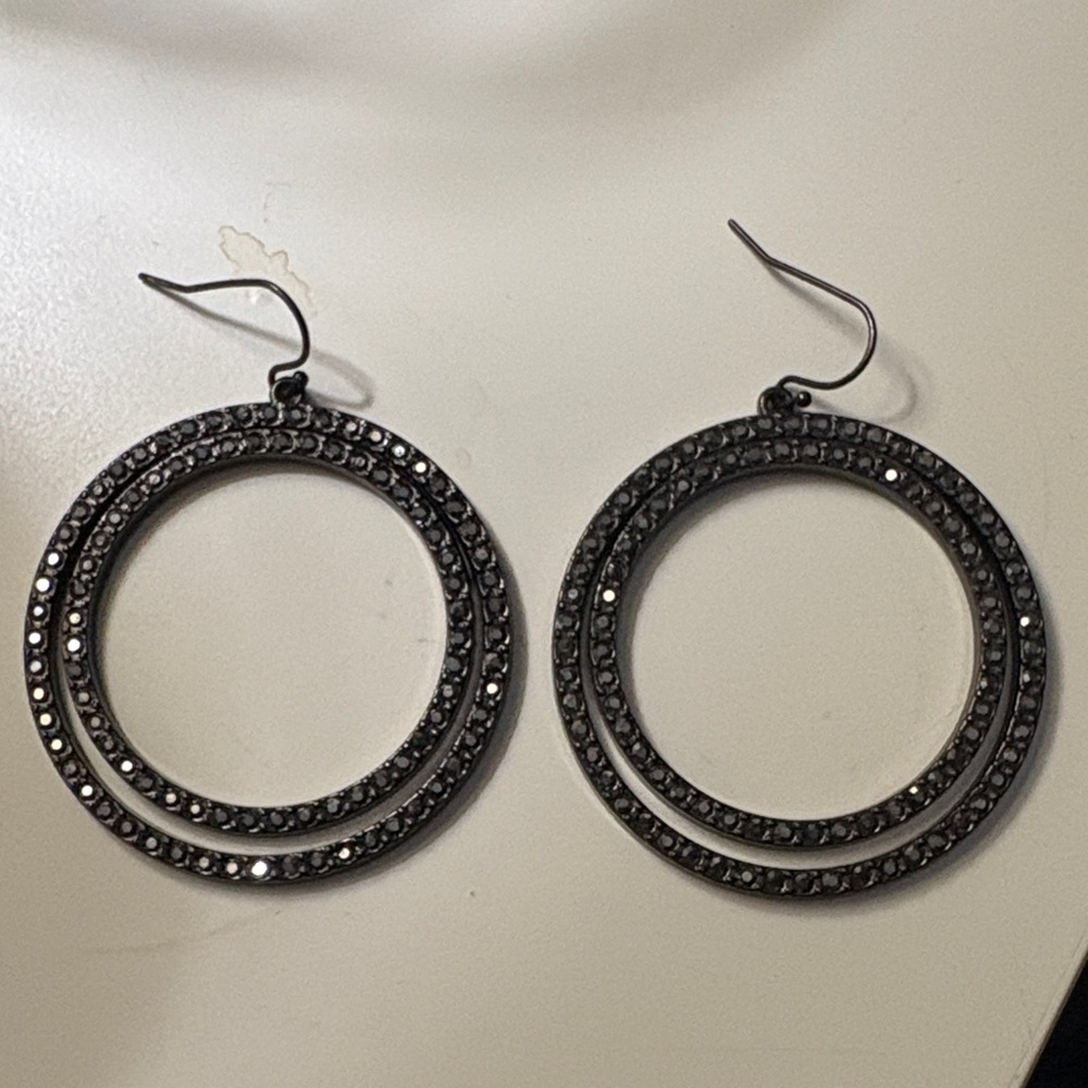 White House Black Market Sparkling Black Hoop Earrings